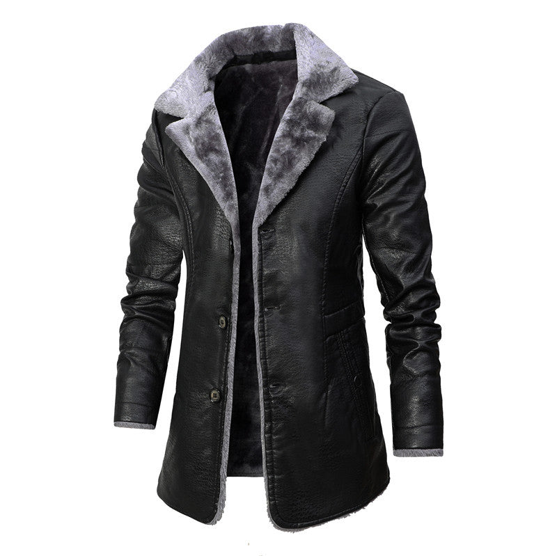 Chaqueta de Cuero Hombre | Largo Medio | Forro Polar | Cuello Solapa | Estilo Business | Otoño-Invierno | Tallas S-4XL
