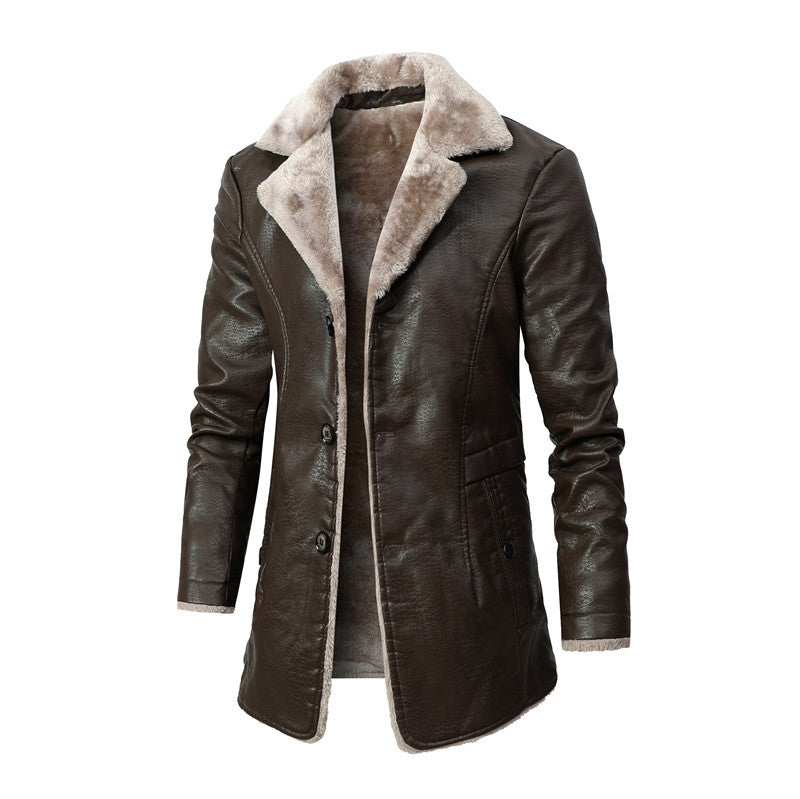 Chaqueta de Cuero Hombre | Largo Medio | Forro Polar | Cuello Solapa | Estilo Business | Otoño-Invierno | Tallas S-4XL