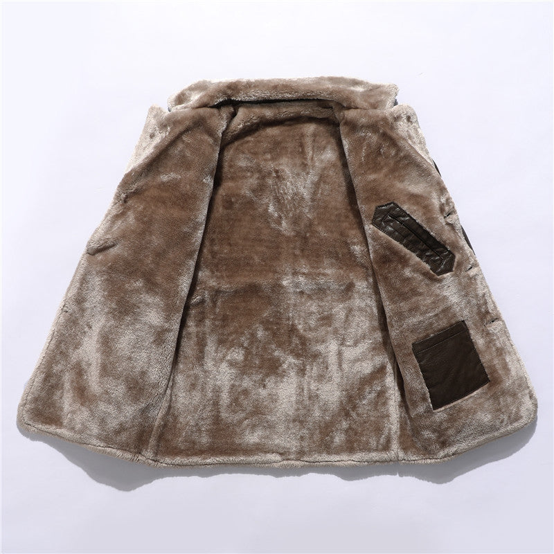 Chaqueta de Cuero Hombre | Largo Medio | Forro Polar | Cuello Solapa | Estilo Business | Otoño-Invierno | Tallas S-4XL