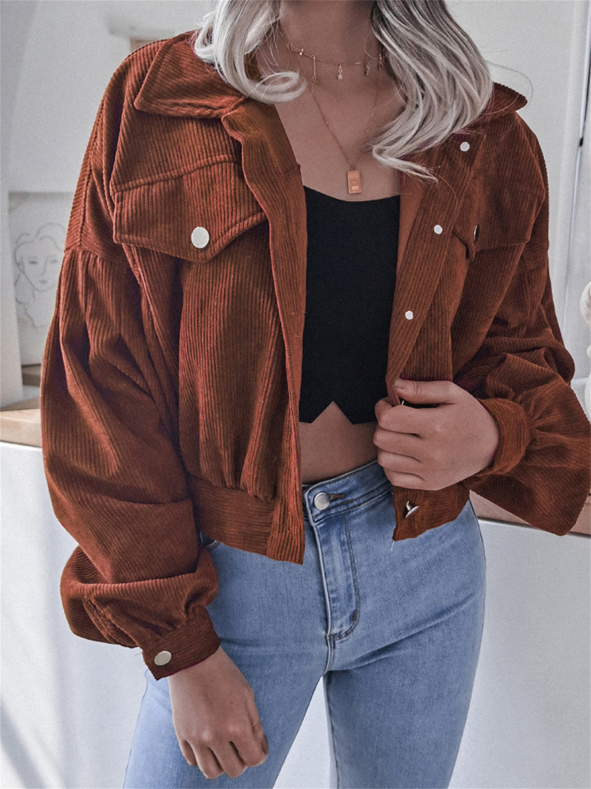 Chaqueta Corta Mujer de Pana | Manga Farol | Estilo Boyfriend | Casual Street | Tallas S-XL