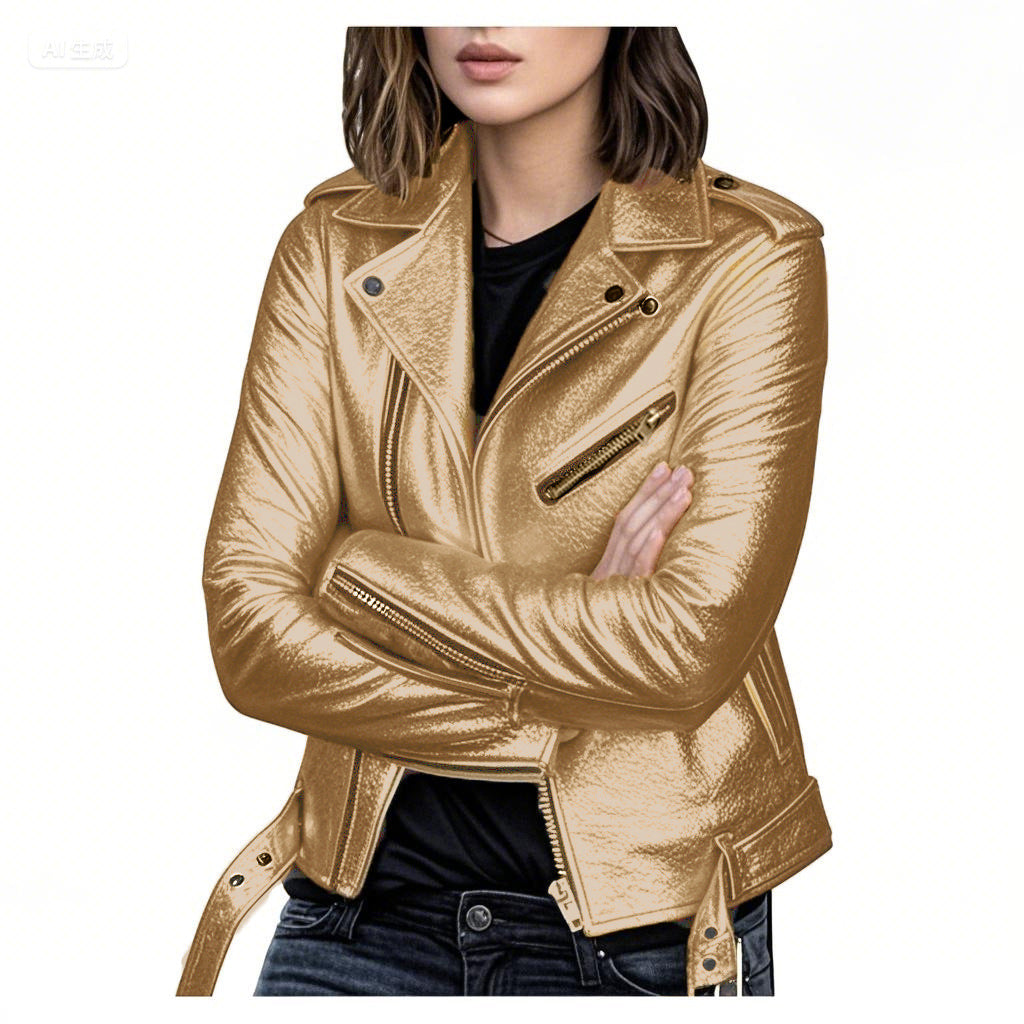 Chaqueta de Cuero Sintético para Mujer — Estilo Moto Slim Fit