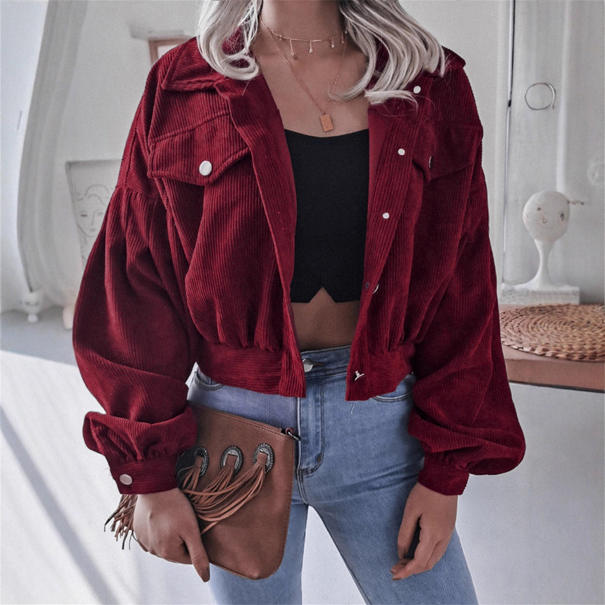 Chaqueta Corta Mujer de Pana | Manga Farol | Estilo Boyfriend | Casual Street | Tallas S-XL