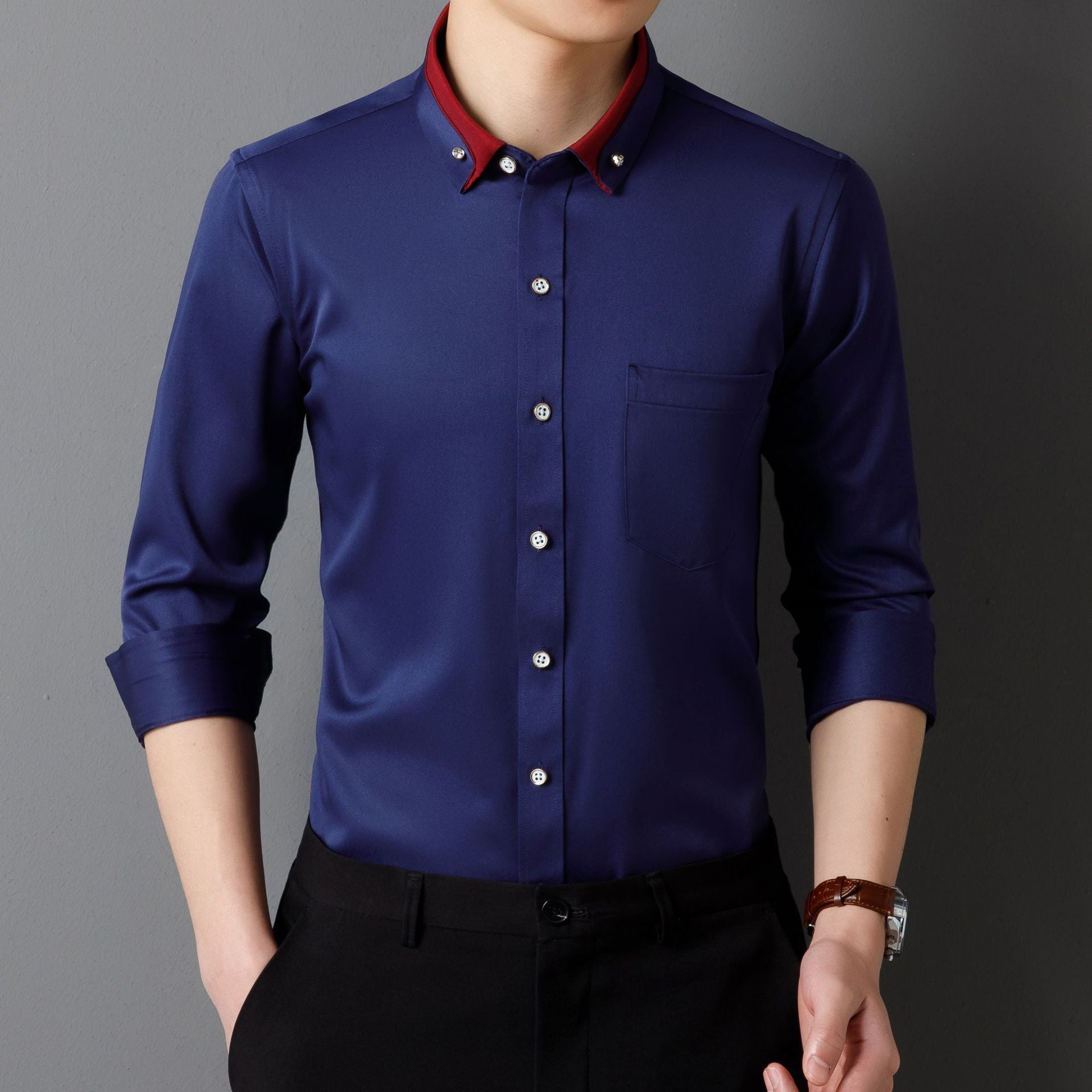 Camisa de Vestir de Manga Larga para Hombre — Botones de Diamante, Elástica, Sin Plancha