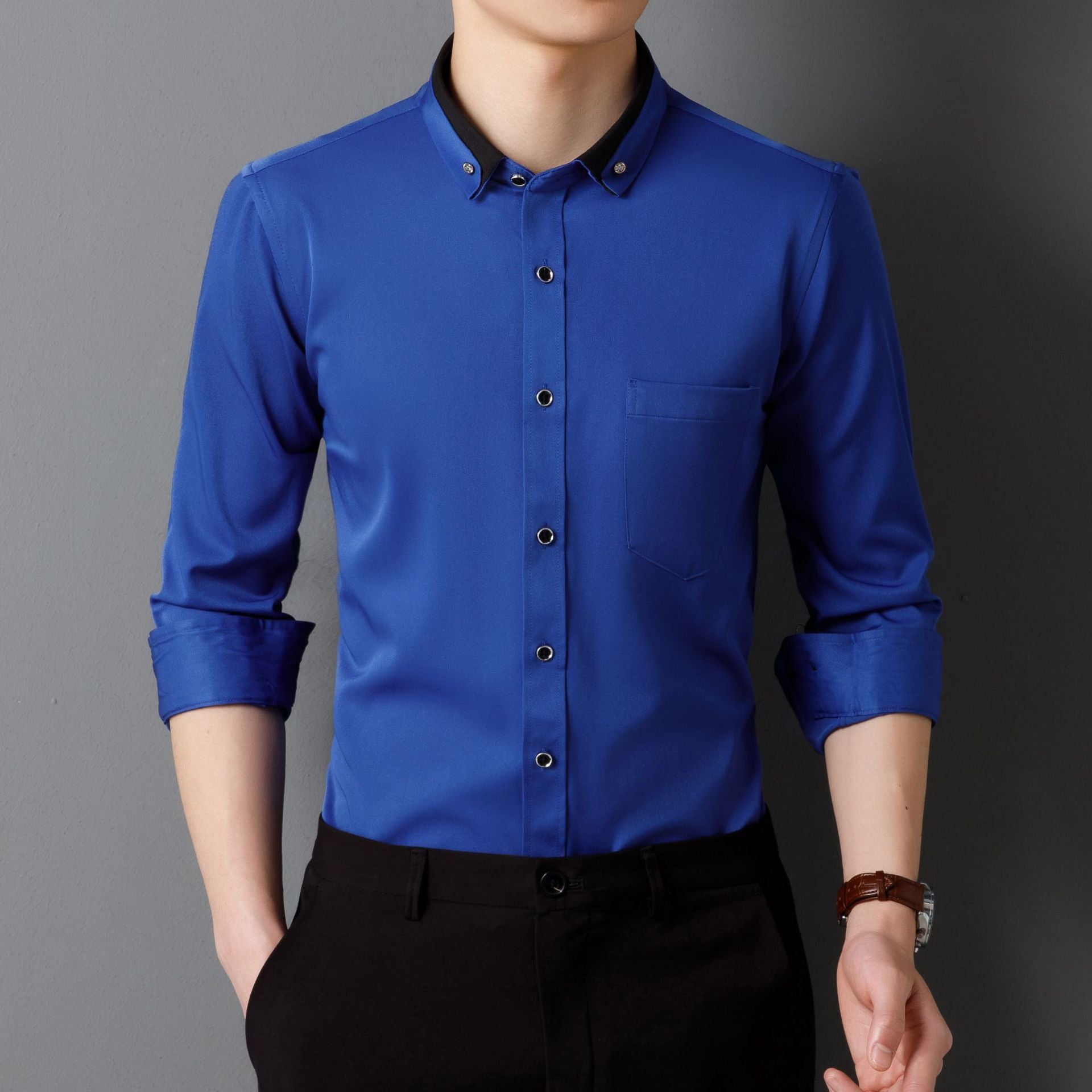 Camisa de Vestir de Manga Larga para Hombre — Botones de Diamante, Elástica, Sin Plancha