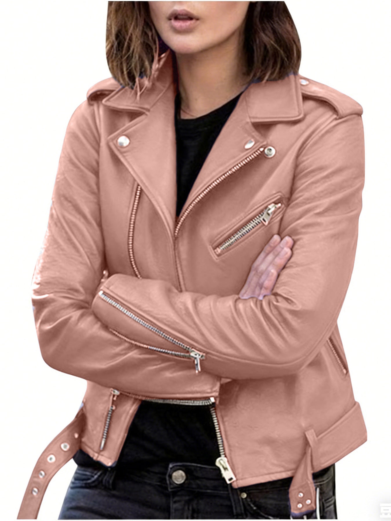 Chaqueta de Cuero Sintético para Mujer — Estilo Moto Slim Fit