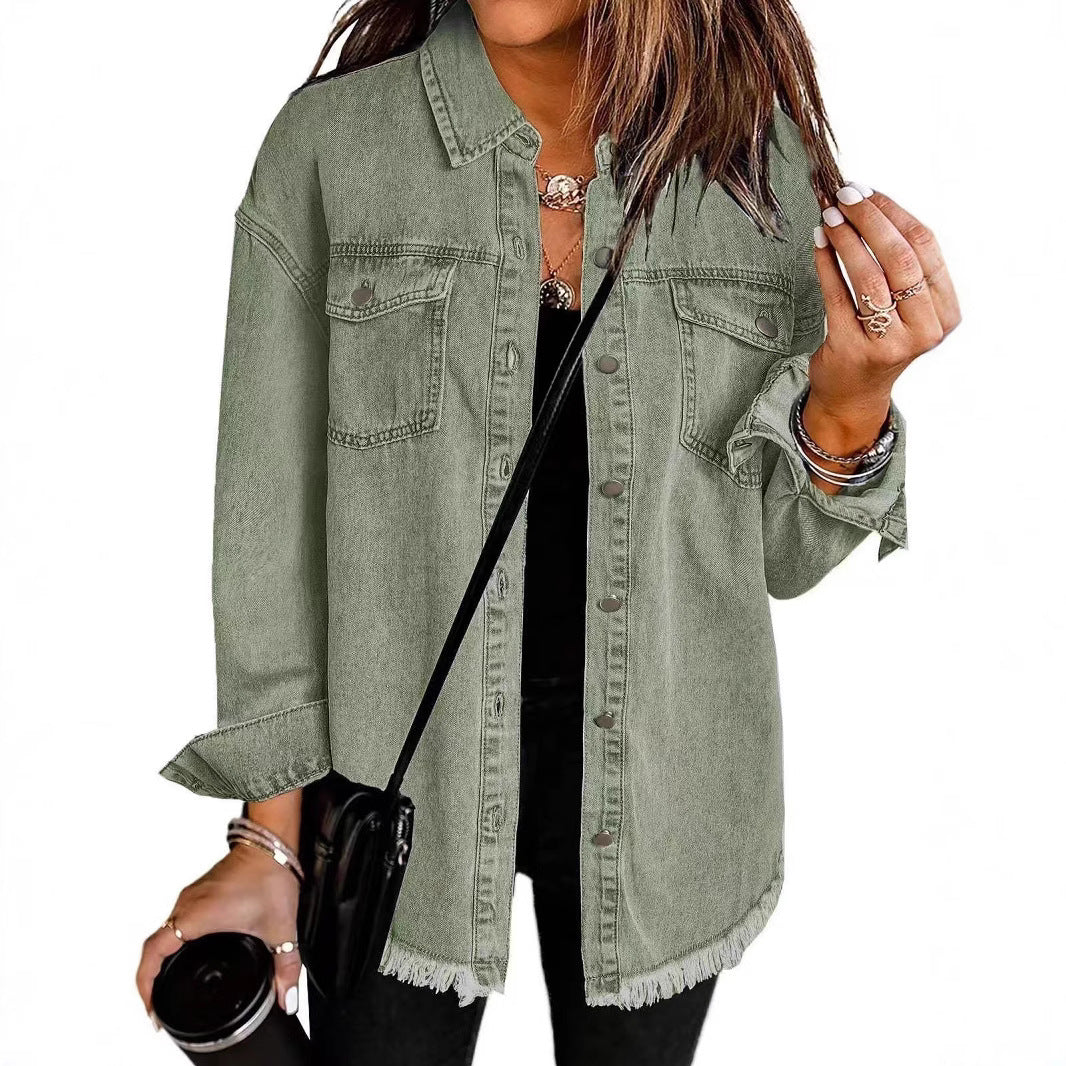 Chaqueta Camisa Mujer de Denim Lavado | Borde Deshilachado | Estilo Street | Otoño-Invierno | Tallas S-XXL
