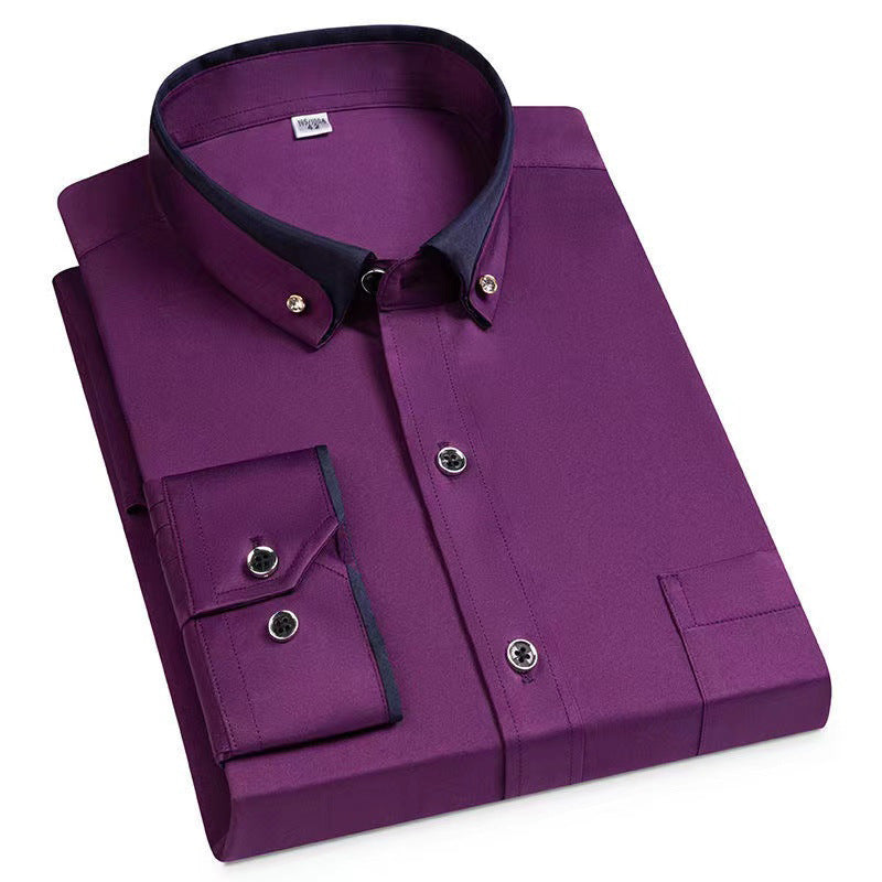 Camisa de Vestir de Manga Larga para Hombre — Botones de Diamante, Elástica, Sin Plancha
