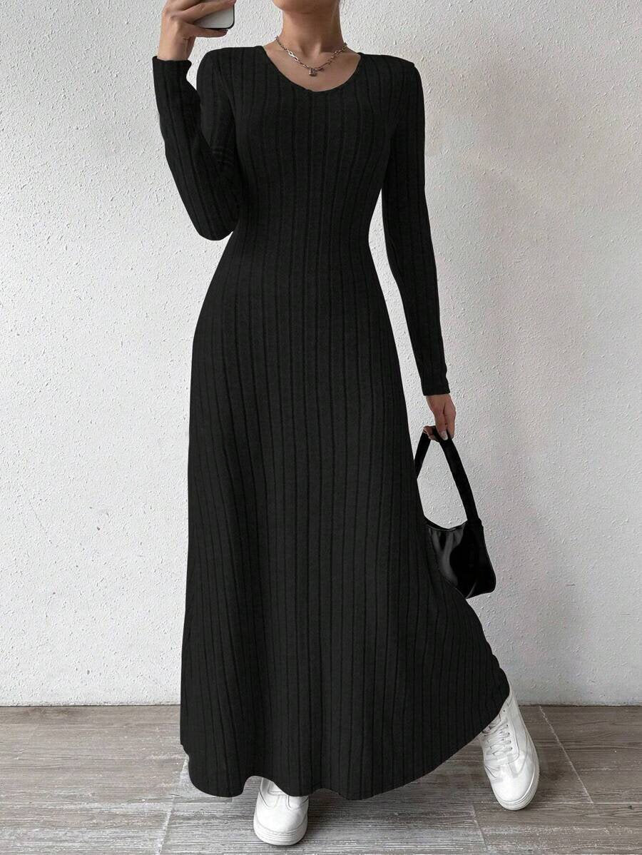 Vestido Largo de Punto Mujer Manga Larga | Corte A-Line Slim Fit