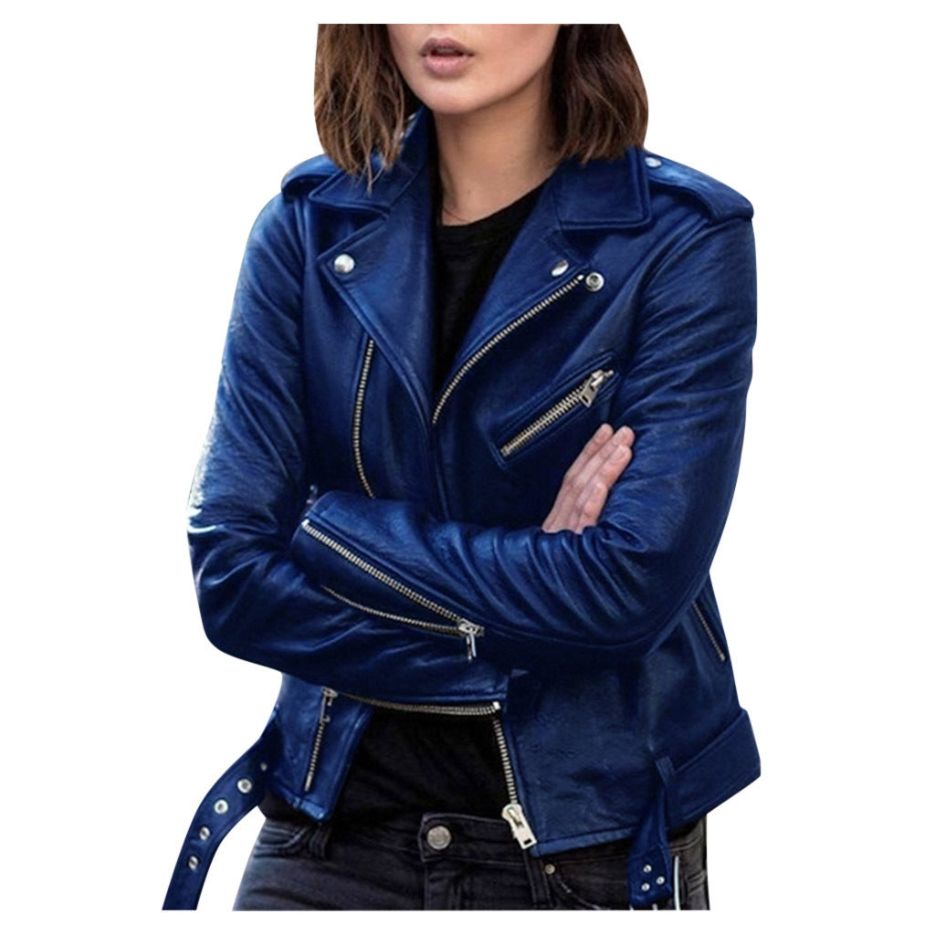 Chaqueta de Cuero Sintético para Mujer — Estilo Moto Slim Fit