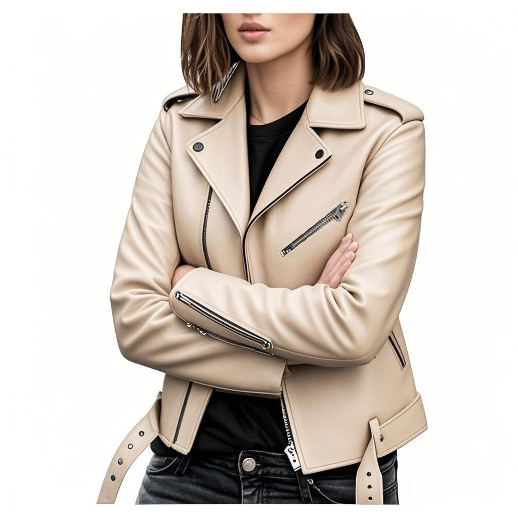 Chaqueta de Cuero Sintético para Mujer — Estilo Moto Slim Fit