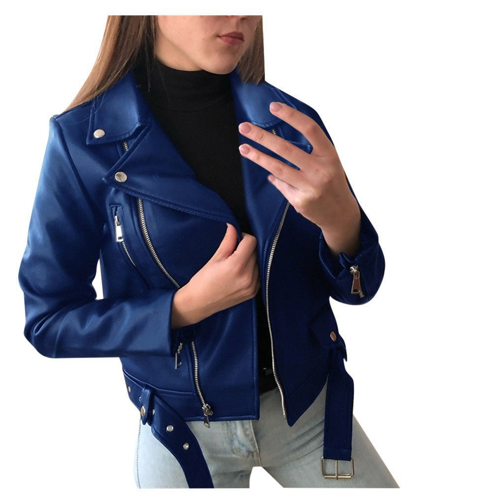 Chaqueta de Cuero Sintético para Mujer — Estilo Moto Slim Fit