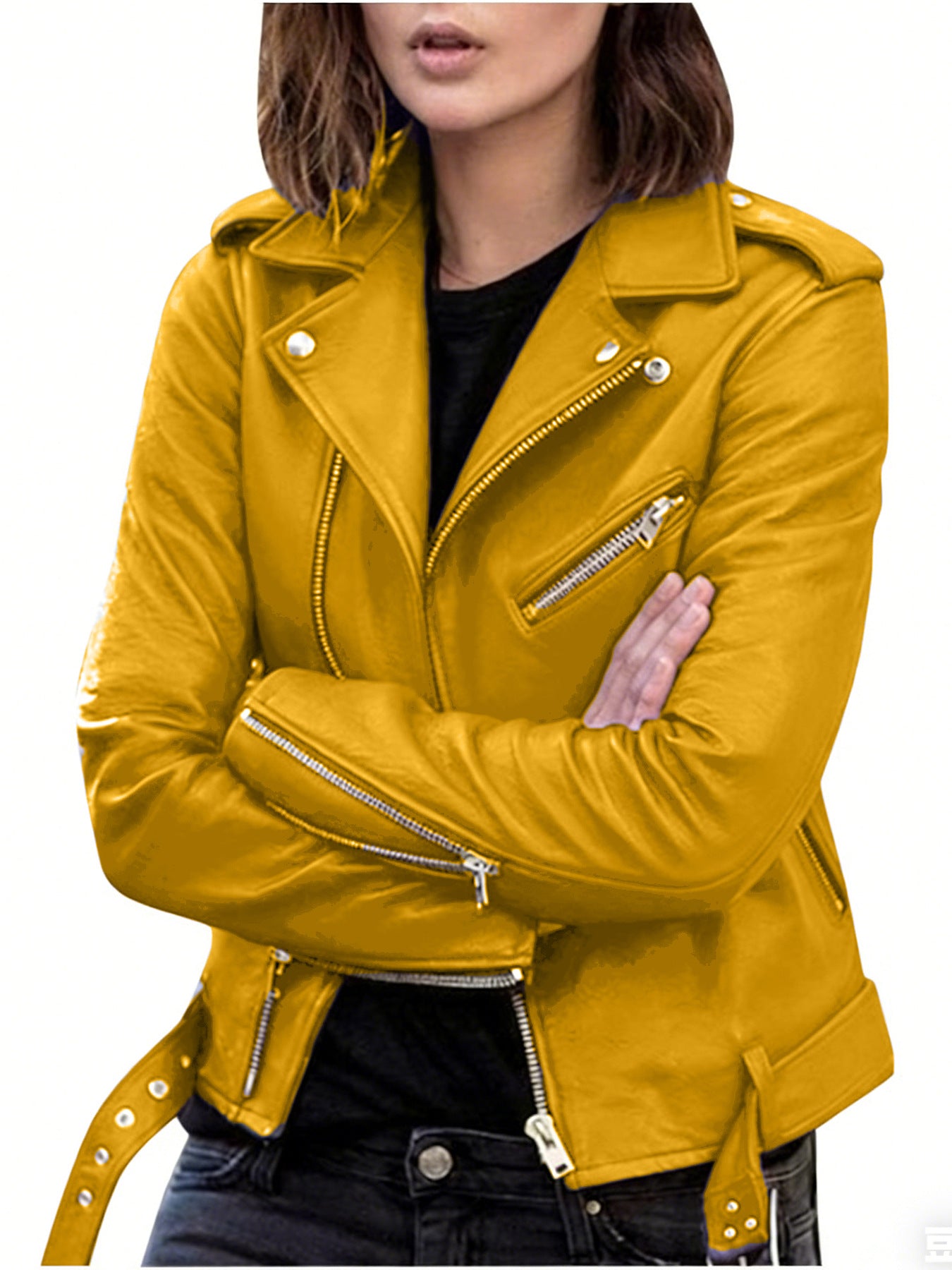 Chaqueta de Cuero Sintético para Mujer — Estilo Moto Slim Fit