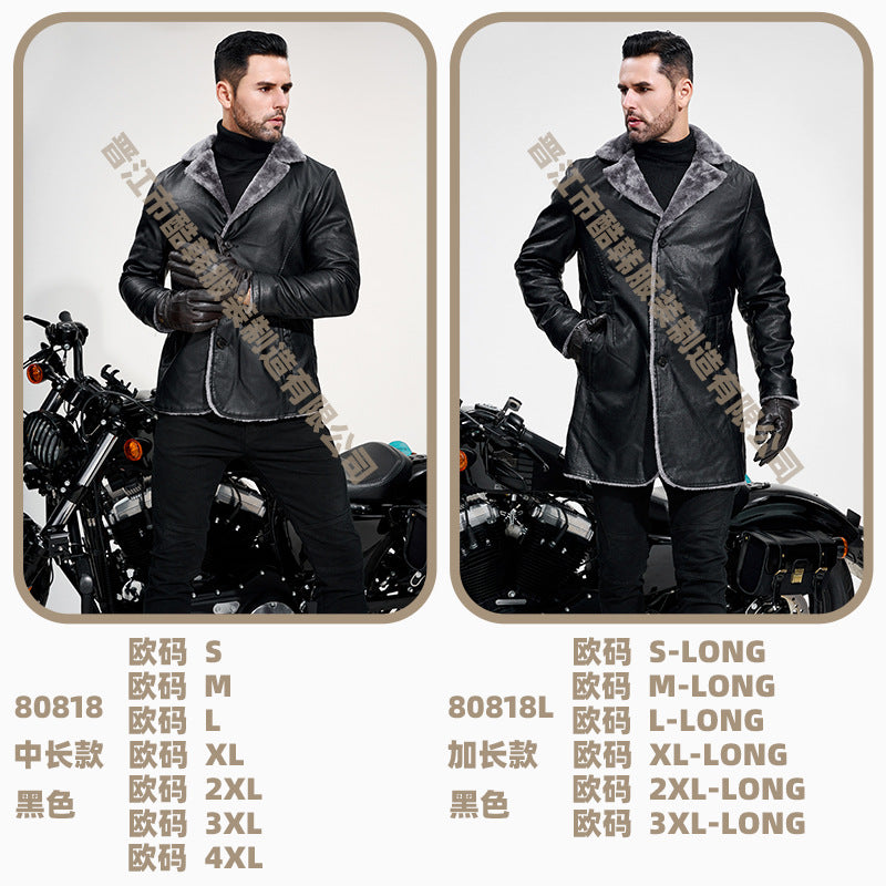 Chaqueta de Cuero Hombre | Largo Medio | Forro Polar | Cuello Solapa | Estilo Business | Otoño-Invierno | Tallas S-4XL