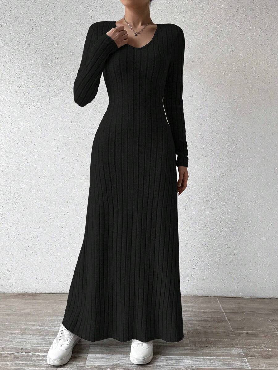 Vestido Largo de Punto Mujer | Manga Larga | Corte A-Line Slim | 2 Colores | Tallas S-XL