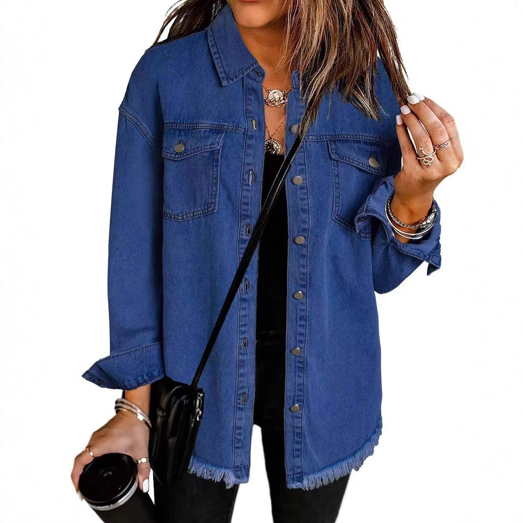 Chaqueta Camisa Mujer de Denim Lavado | Borde Deshilachado | Estilo Street | Otoño-Invierno | Tallas S-XXL