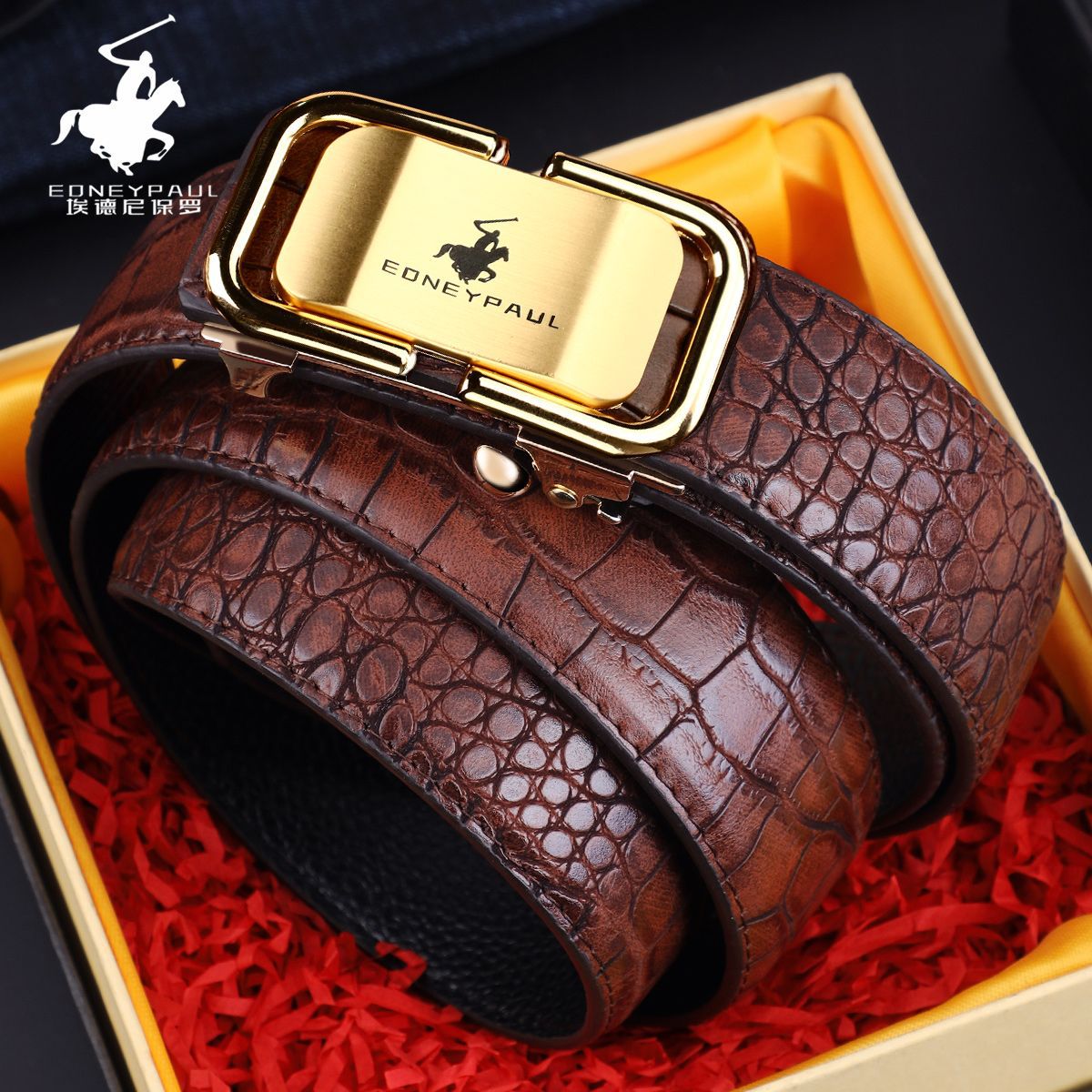 Cinturón de Cuero Genuino con Patrón Cocodrilo | Hebilla Automática | Hombre