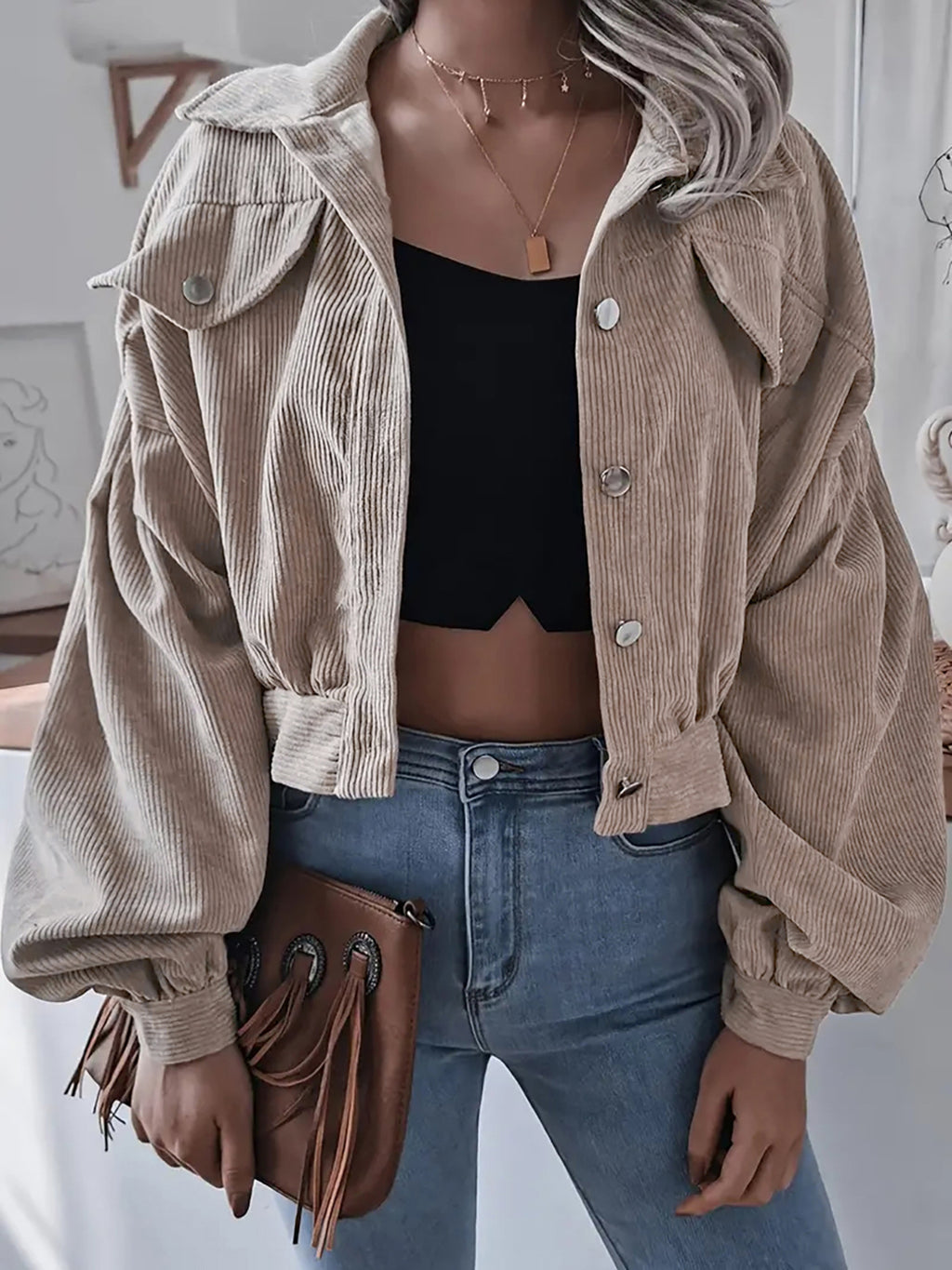 Chaqueta Corta Mujer de Pana | Manga Farol | Estilo Boyfriend | Casual Street | Tallas S-XL