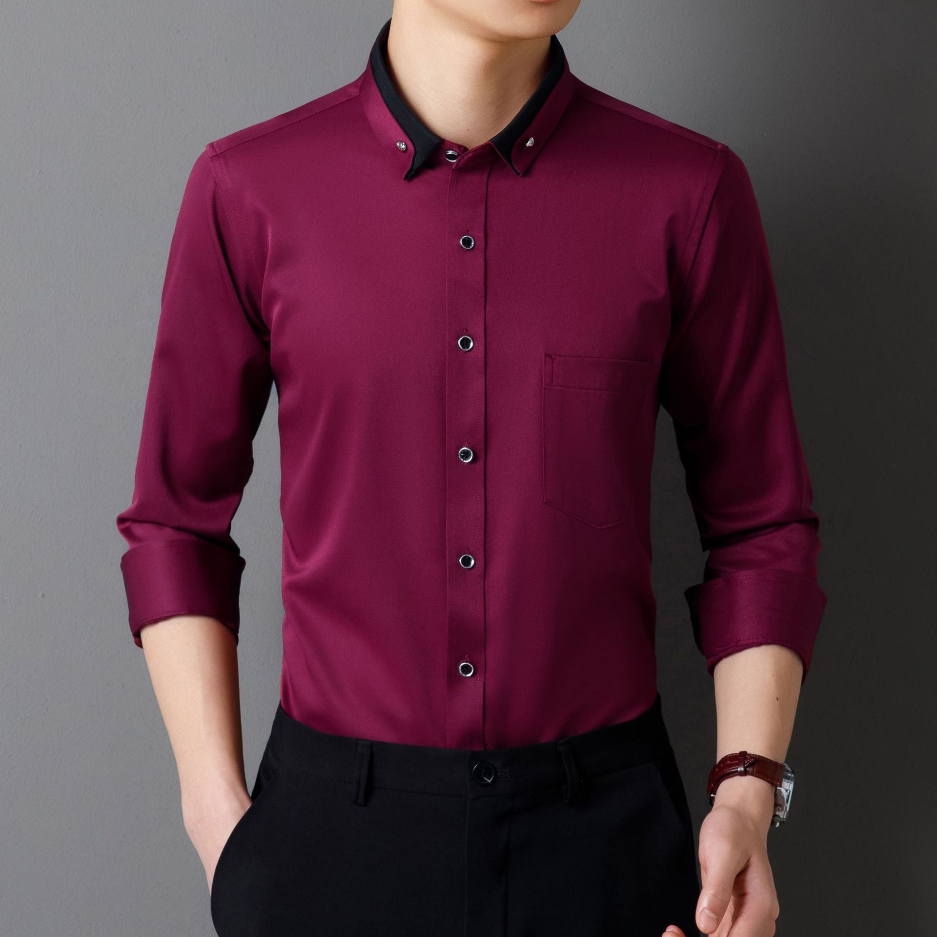 Camisa de Vestir de Manga Larga para Hombre — Botones de Diamante, Elástica, Sin Plancha