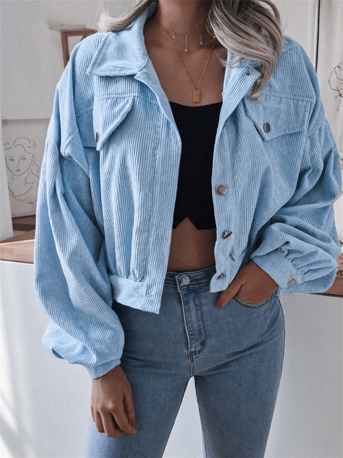 Chaqueta Corta Mujer de Pana | Manga Farol | Estilo Boyfriend | Casual Street | Tallas S-XL