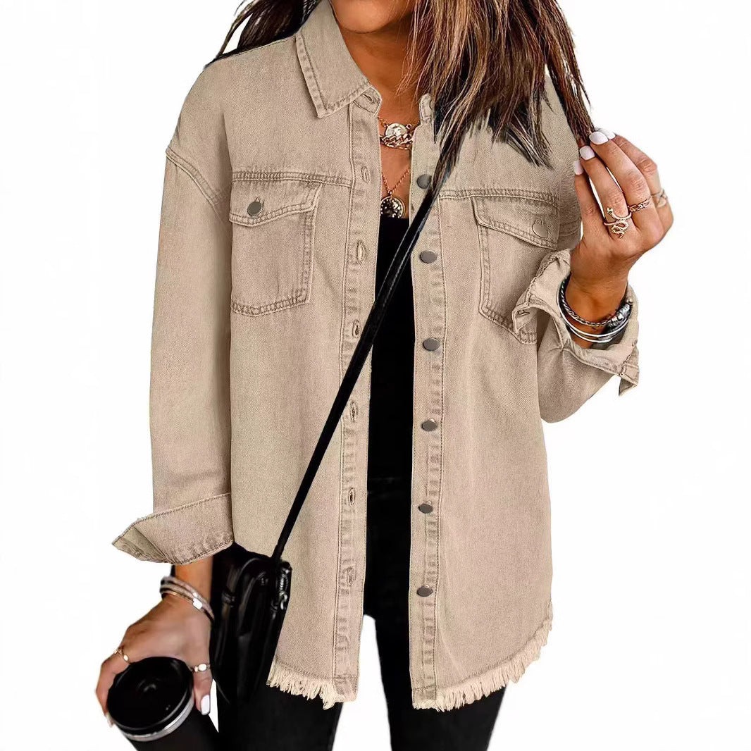 Chaqueta Camisa Mujer de Denim Lavado | Borde Deshilachado | Estilo Street | Otoño-Invierno | Tallas S-XXL