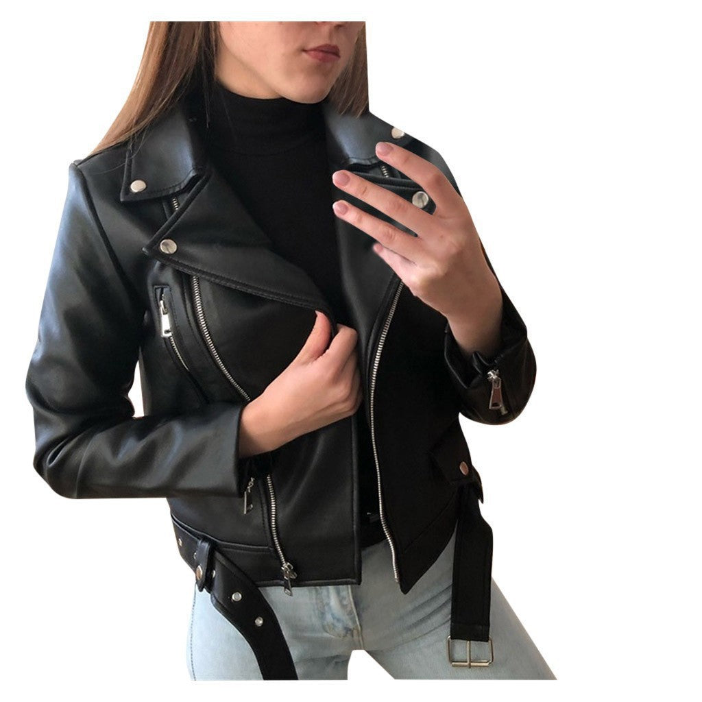 Chaqueta de Cuero Sintético para Mujer — Estilo Moto Slim Fit