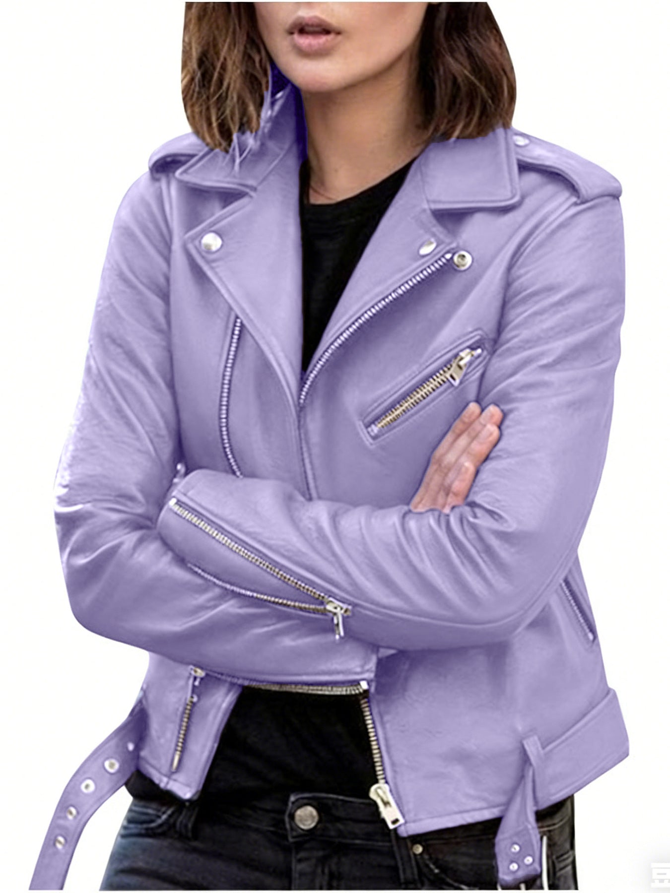 Chaqueta de Cuero Sintético para Mujer — Estilo Moto Slim Fit
