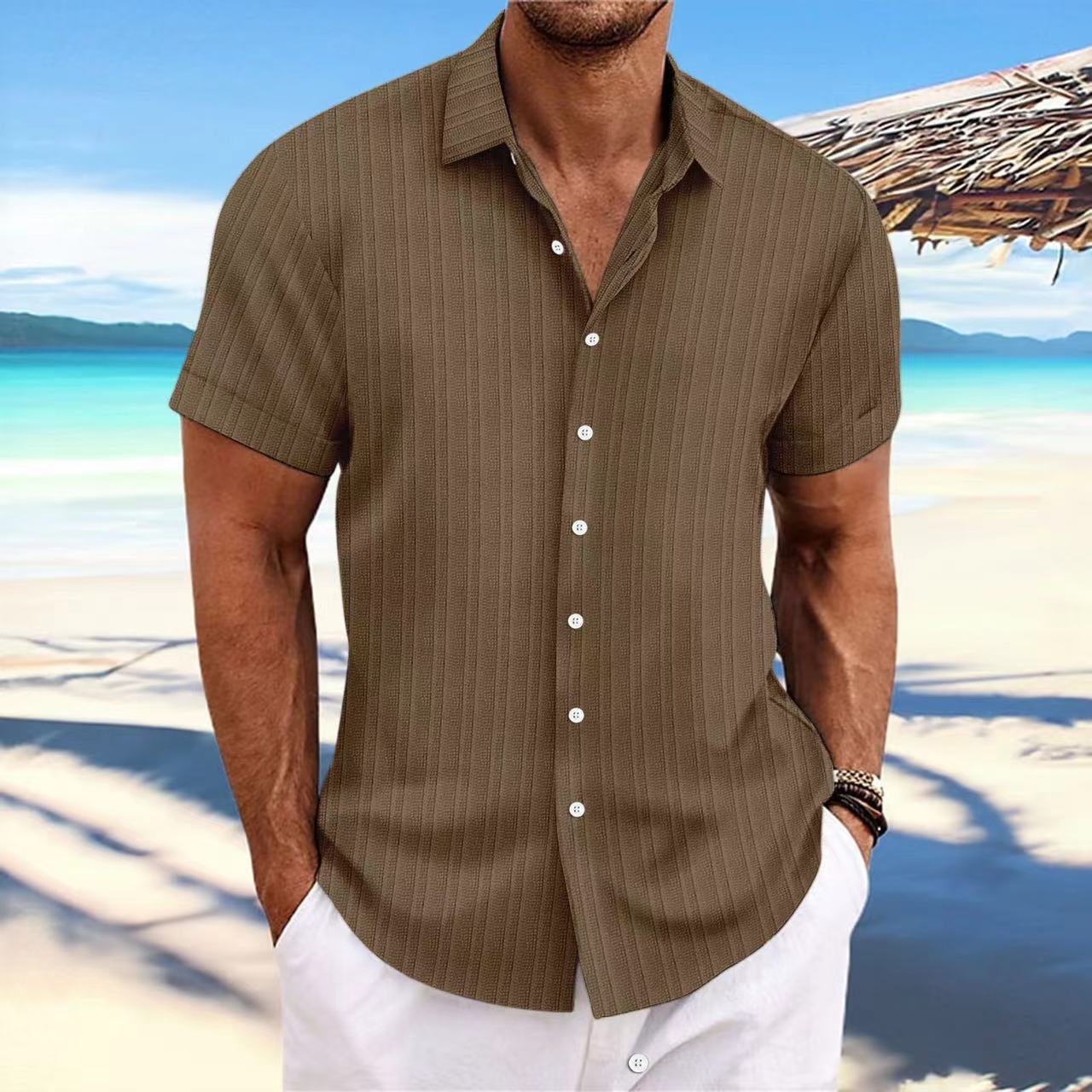 Camisa de Lino con Rayas Jacquard para Hombre — Corte Holgado, Estilo Británico | Verano