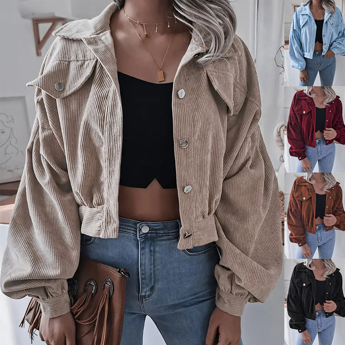 Chaqueta Corta Mujer de Pana | Manga Farol | Estilo Boyfriend | Casual Street | Tallas S-XL