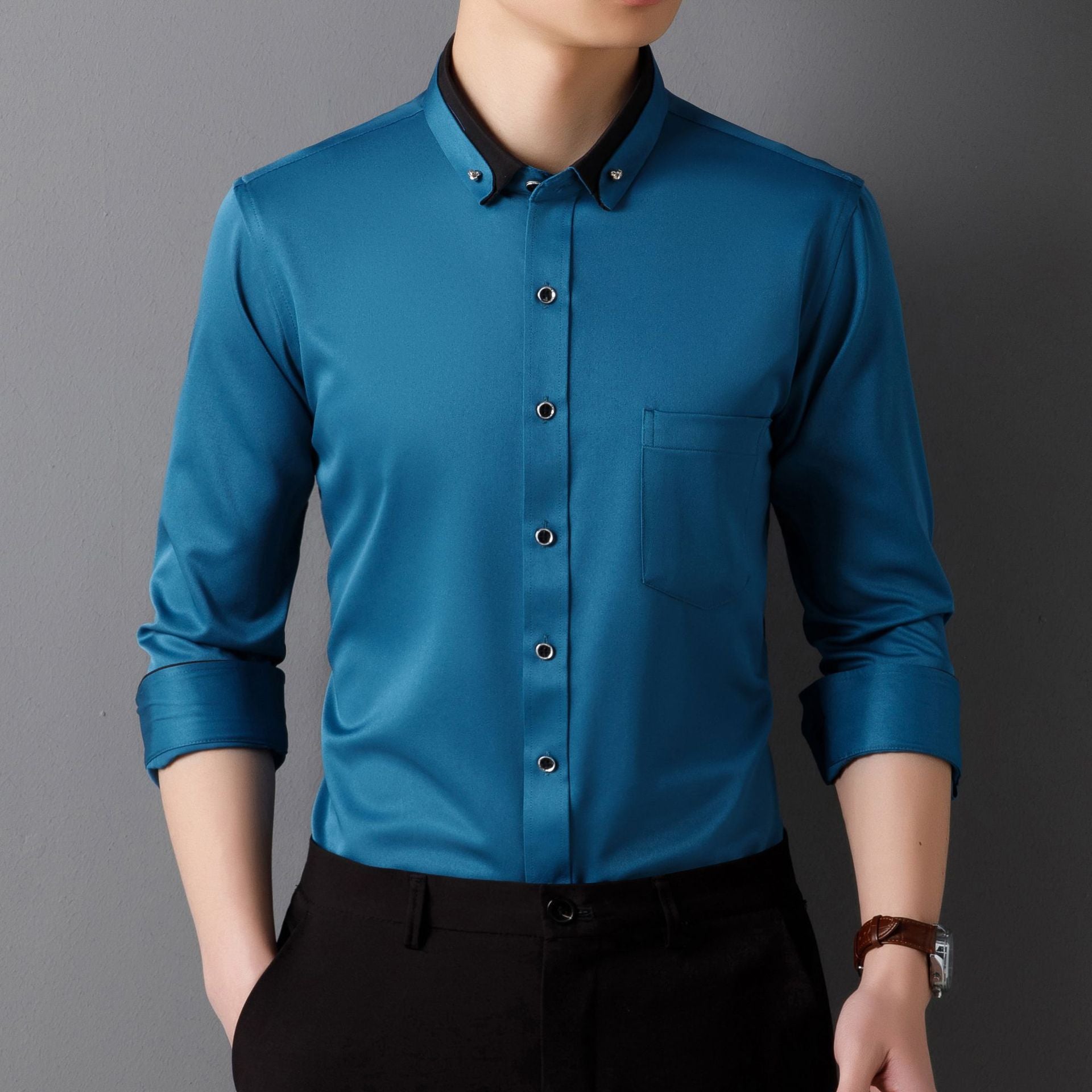 Camisa de Vestir de Manga Larga para Hombre — Botones de Diamante, Elástica, Sin Plancha