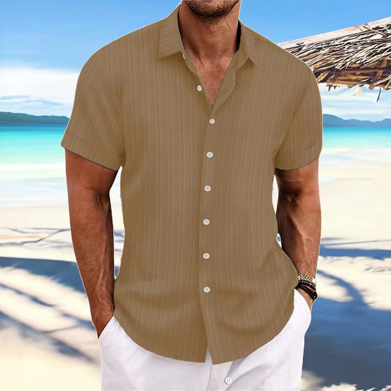 Camisa de Lino con Rayas Jacquard para Hombre — Corte Holgado, Estilo Británico | Verano