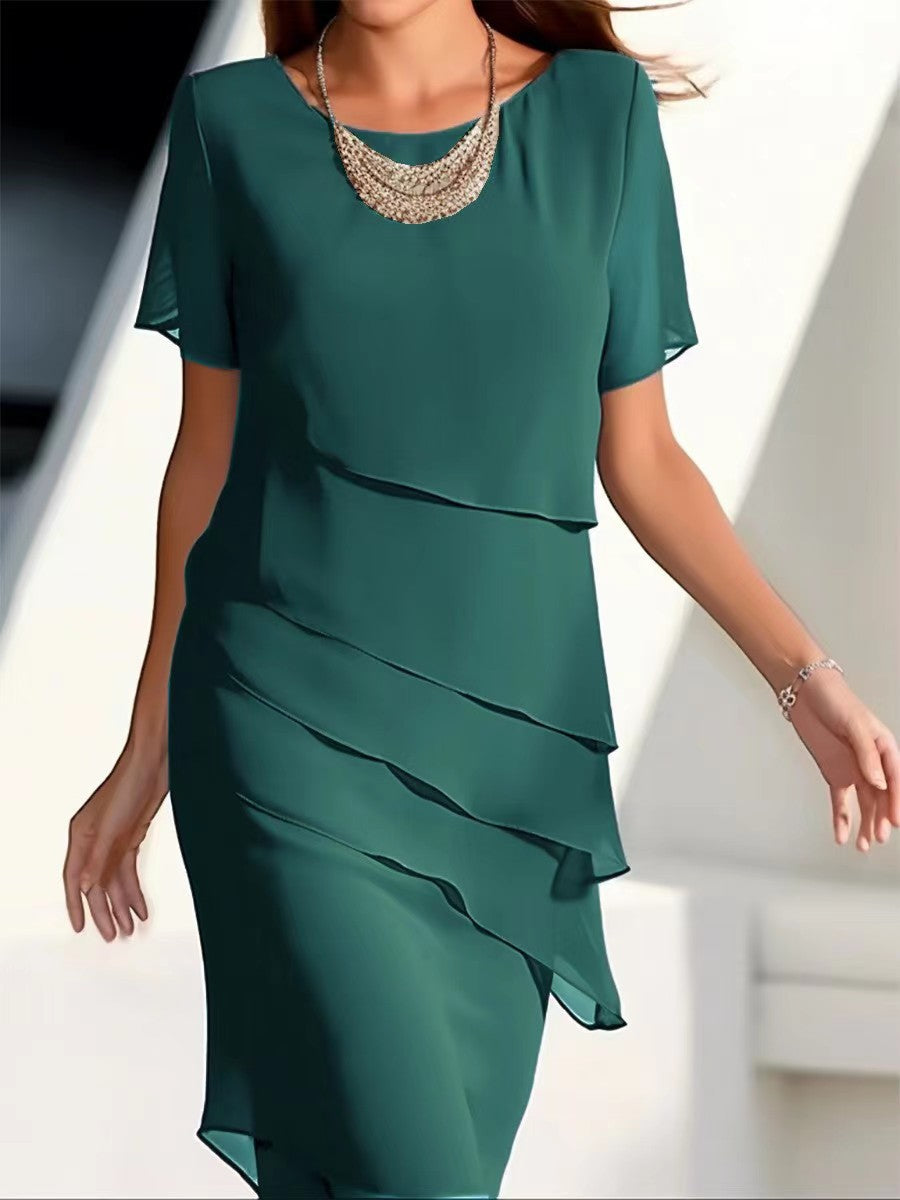 Vestido Casual de Manga Corta con Volantes — Cuello Redondo Silueta A-Line