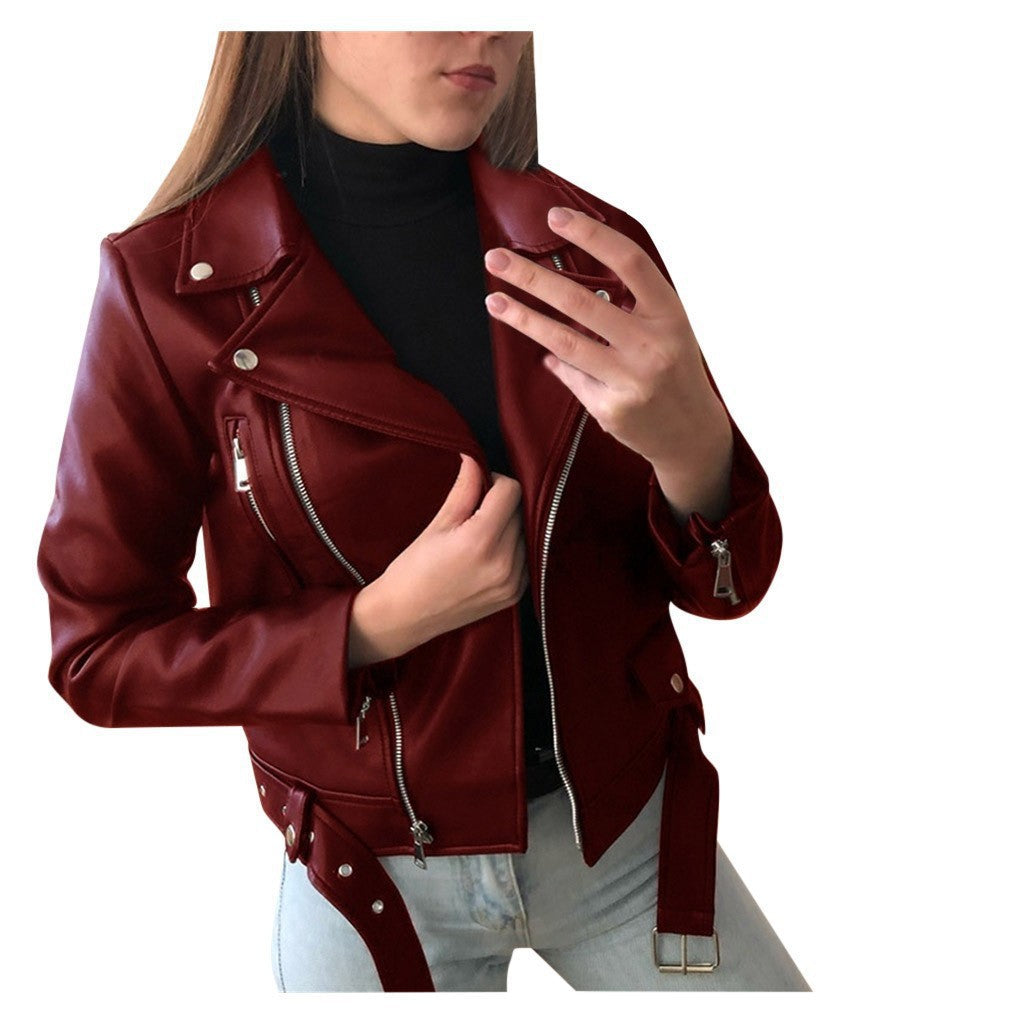 Chaqueta de Cuero Sintético para Mujer — Estilo Moto Slim Fit