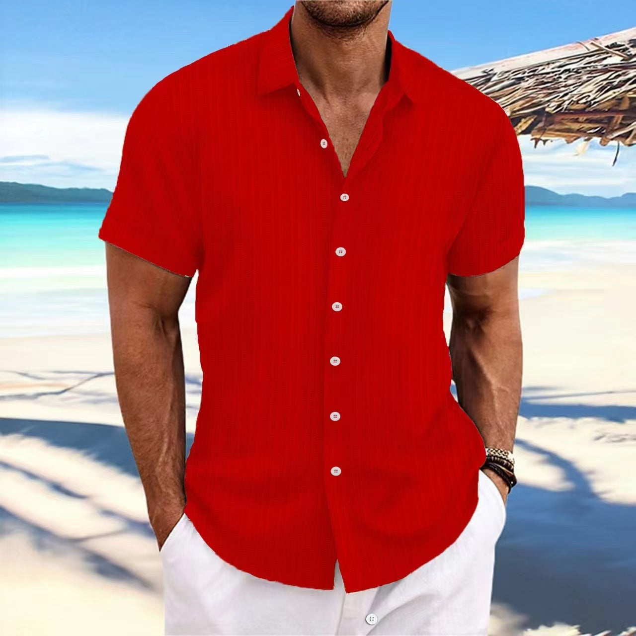 Camisa de Lino con Rayas Jacquard para Hombre — Corte Holgado, Estilo Británico | Verano