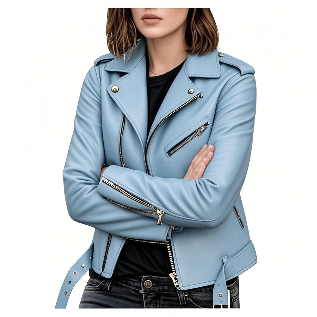 Chaqueta de Cuero Sintético para Mujer — Estilo Moto Slim Fit