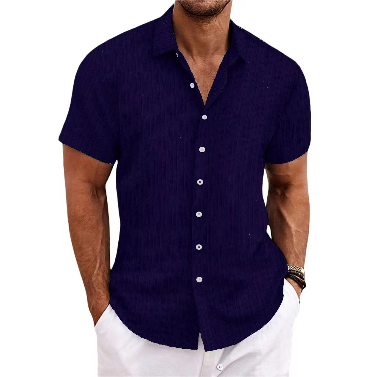 Camisa de Lino con Rayas Jacquard para Hombre — Corte Holgado, Estilo Británico | Verano