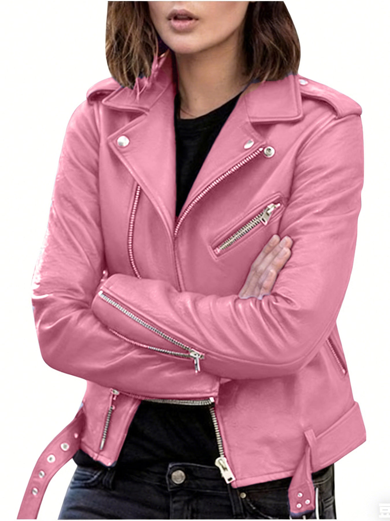Chaqueta de Cuero Sintético para Mujer — Estilo Moto Slim Fit