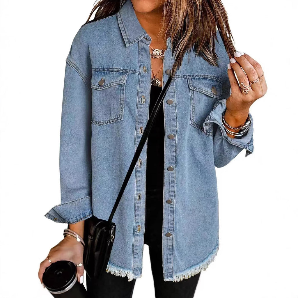 Chaqueta Camisa Mujer de Denim Lavado | Borde Deshilachado | Estilo Street | Otoño-Invierno | Tallas S-XXL