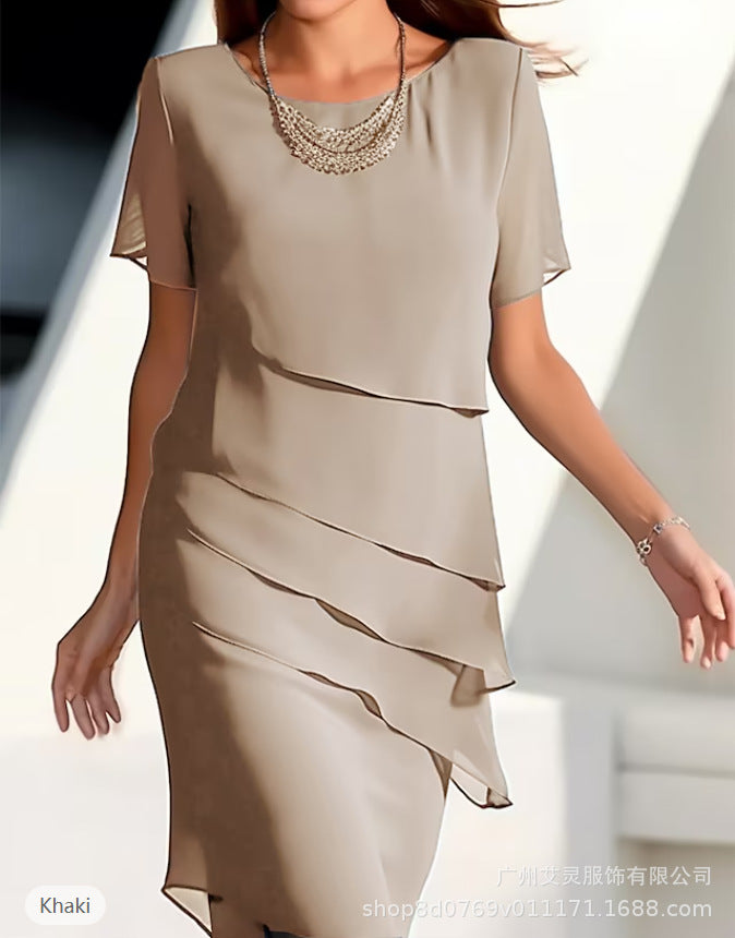 Vestido Casual de Manga Corta con Volantes — Cuello Redondo Silueta A-Line