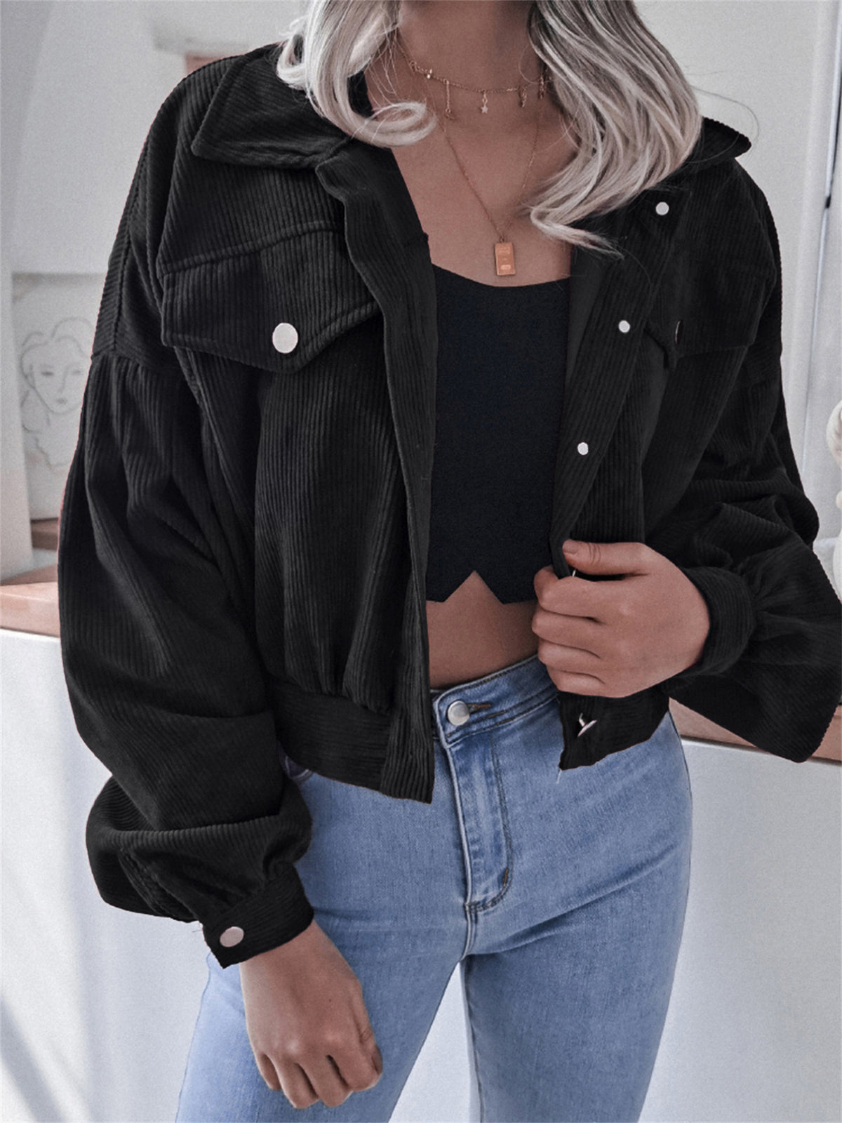 Chaqueta Corta Mujer de Pana | Manga Farol | Estilo Boyfriend | Casual Street | Tallas S-XL