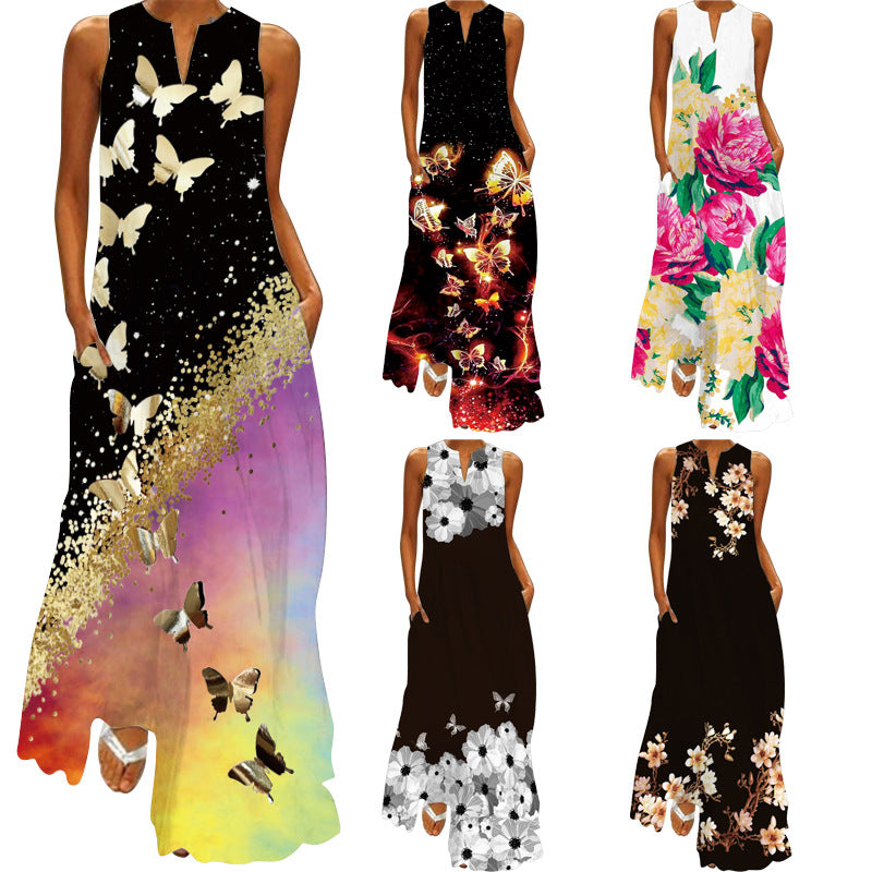 Vestido Largo Mujer Sin Mangas | Cuello V | Estampado Retro | Tallas S-5XL