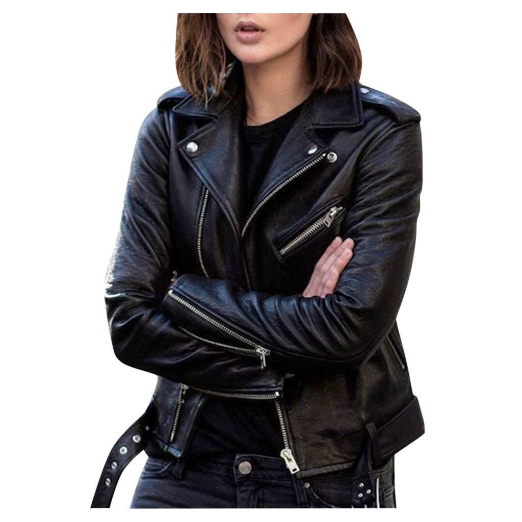Chaqueta de Cuero Sintético para Mujer — Estilo Moto Slim Fit