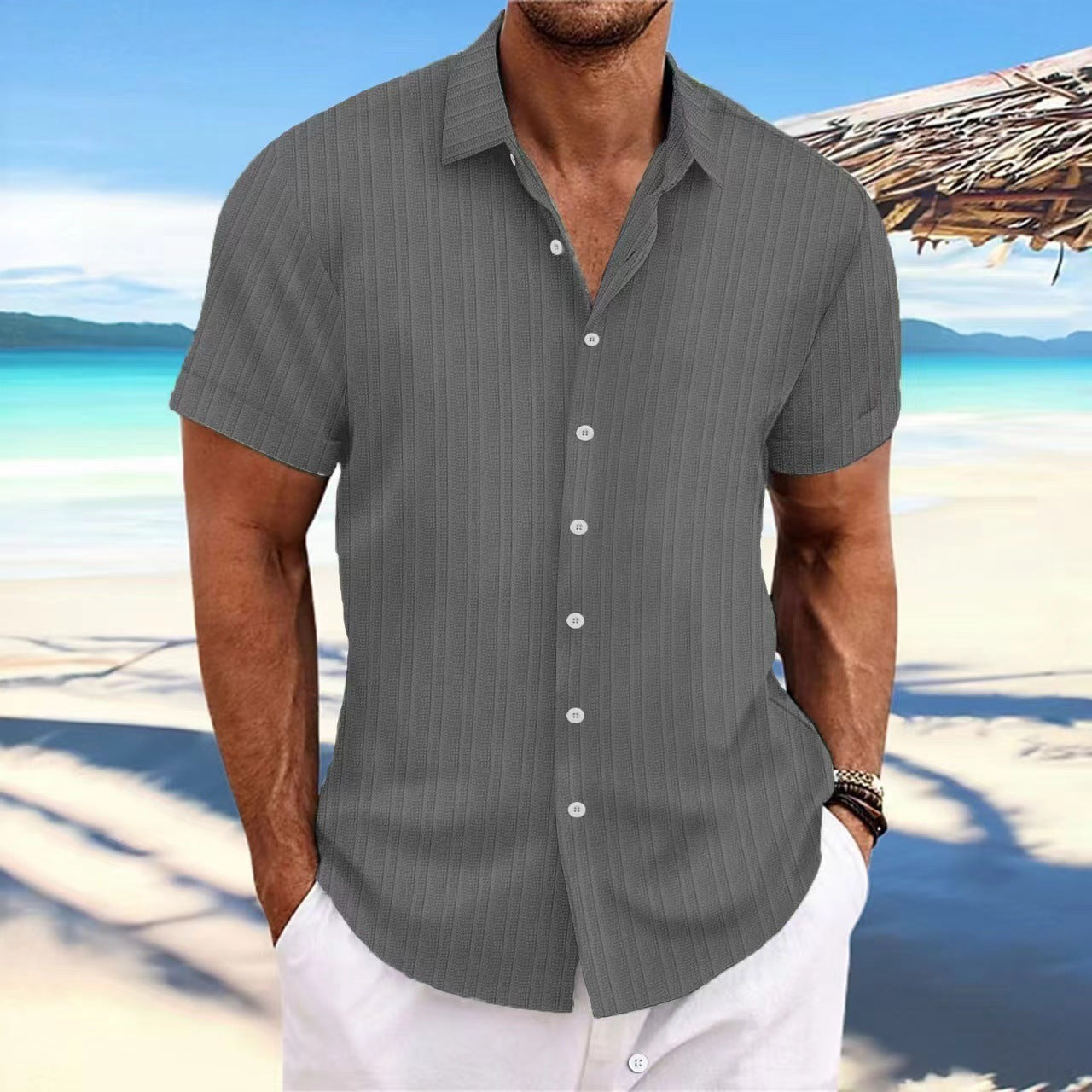 Camisa de Lino con Rayas Jacquard para Hombre — Corte Holgado, Estilo Británico | Verano
