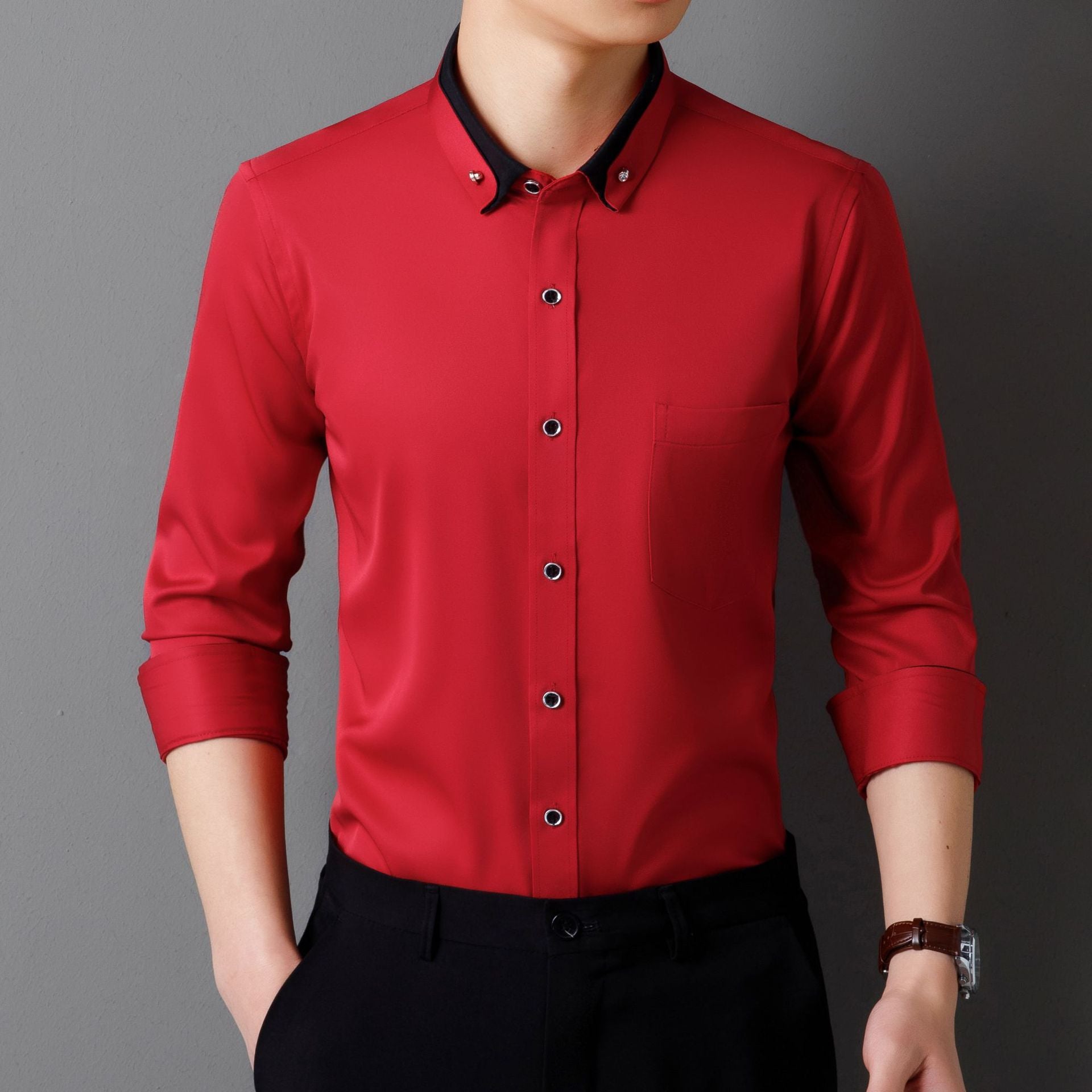Camisa de Vestir de Manga Larga para Hombre — Botones de Diamante, Elástica, Sin Plancha