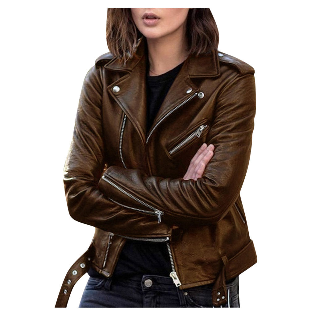 Chaqueta de Cuero Sintético para Mujer — Estilo Moto Slim Fit