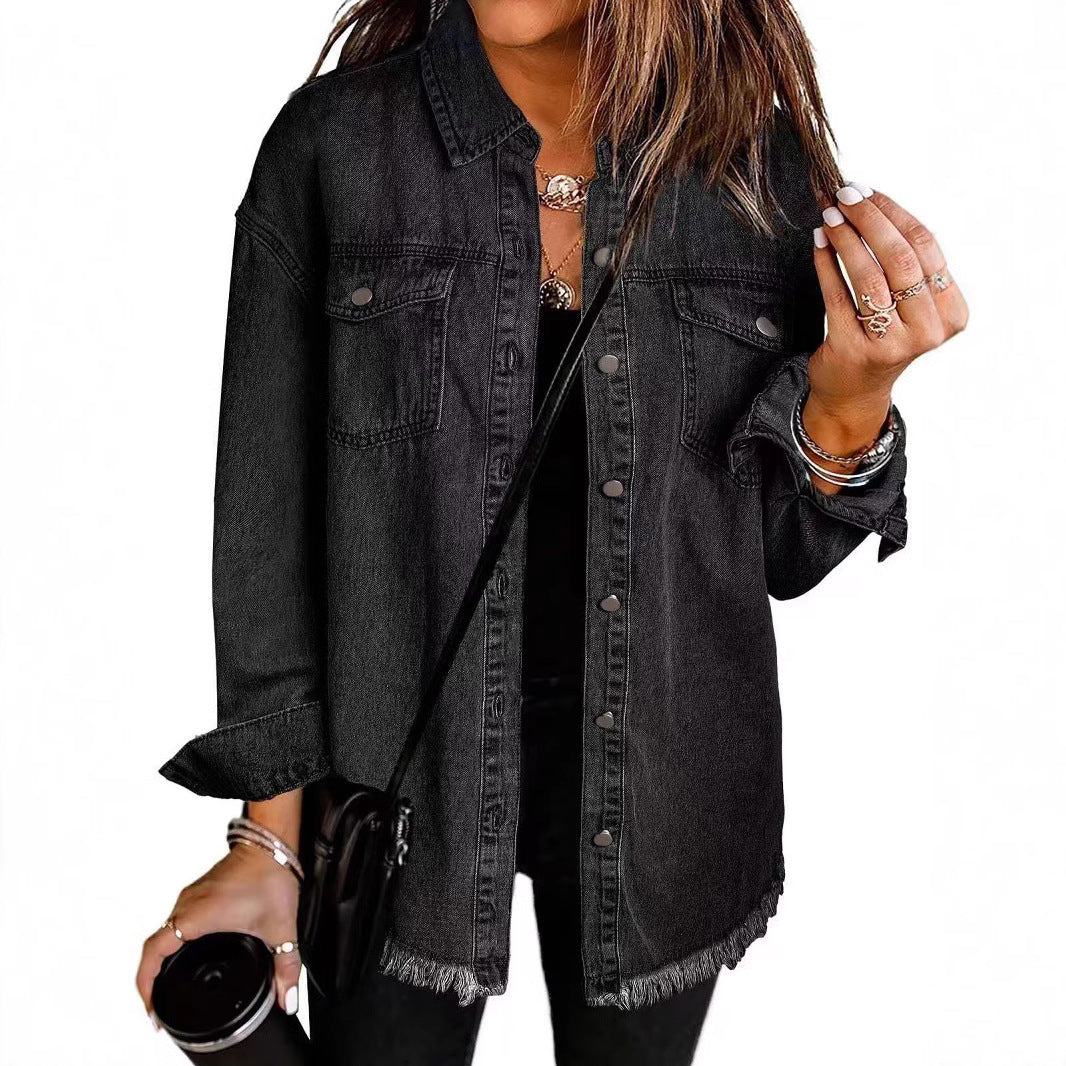 Chaqueta Camisa Mujer de Denim Lavado | Borde Deshilachado | Estilo Street | Otoño-Invierno | Tallas S-XXL