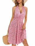 Vestido Halter Boho Floral con Bolsillos | Cintura Elástica Mujer