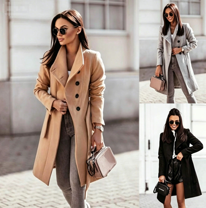 Abrigo de Lana Mujer con Cinturón | Cuello Alto | Largo Medio | Slim Fit | Otoño Invierno | S-2XL