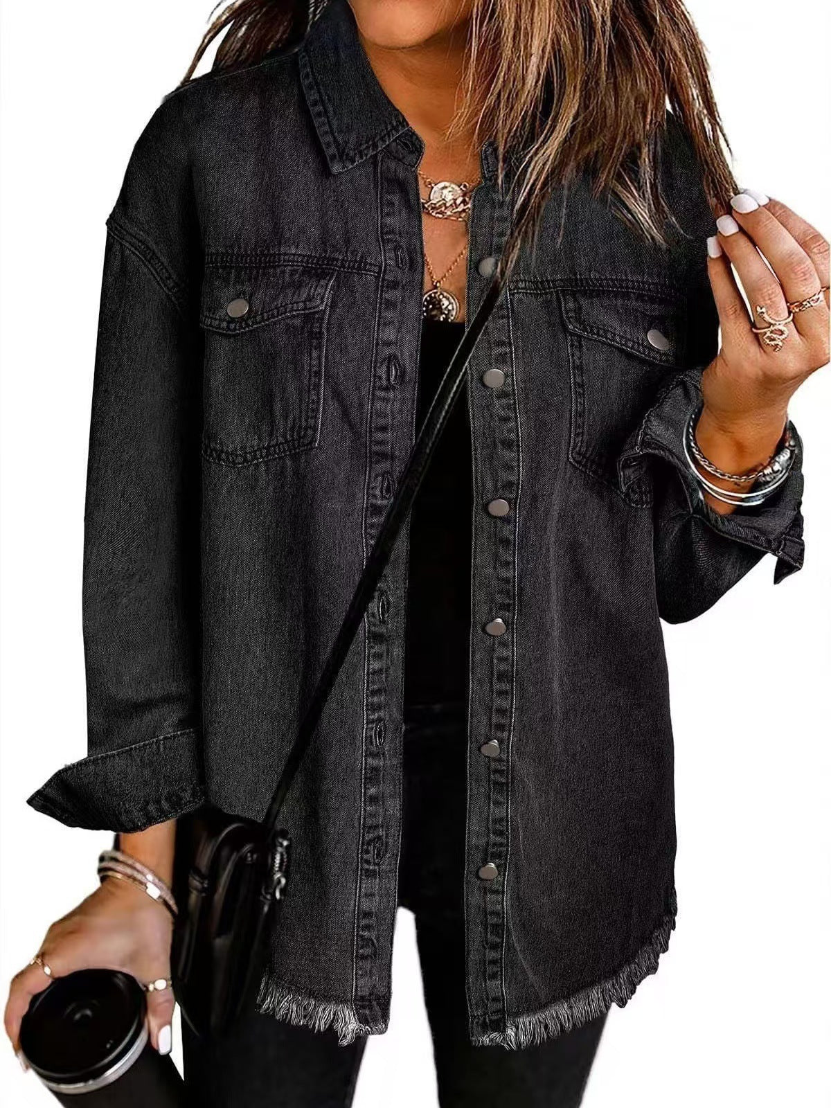 Chaqueta Camisa Mujer de Denim Lavado | Borde Deshilachado | Estilo Street | Otoño-Invierno | Tallas S-XXL