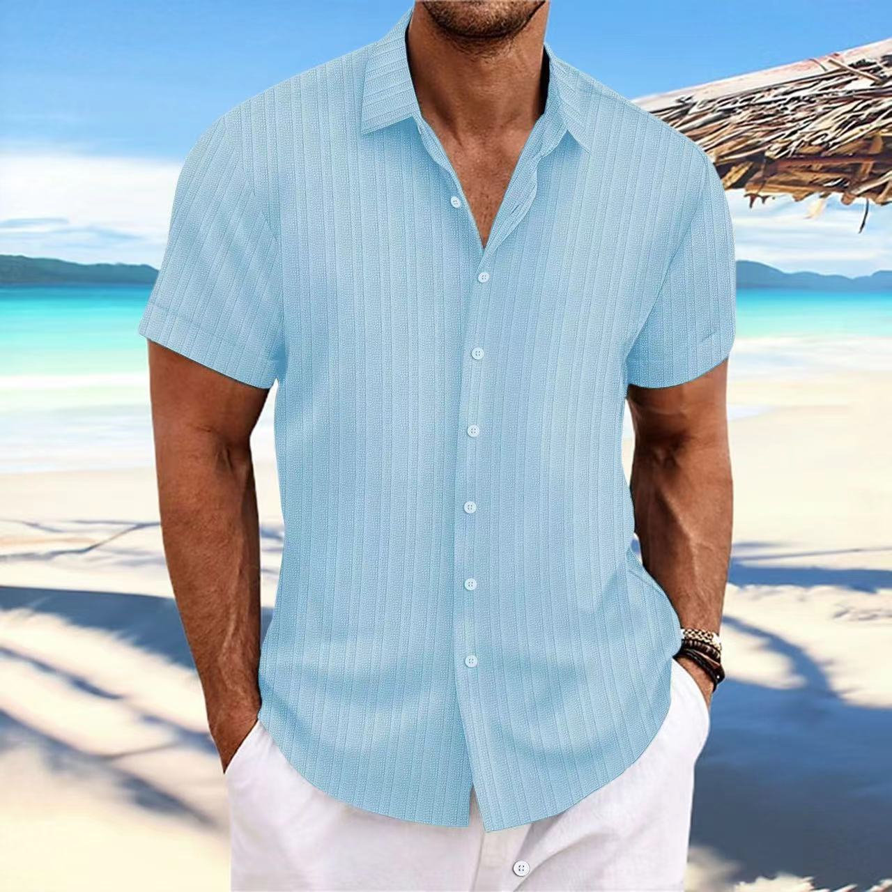 Camisa de Lino con Rayas Jacquard para Hombre — Corte Holgado, Estilo Británico | Verano