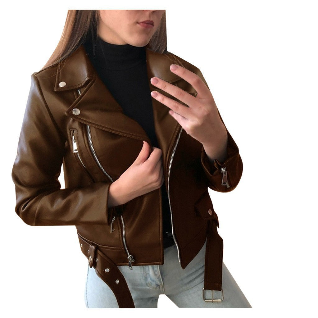 Chaqueta de Cuero Sintético para Mujer — Estilo Moto Slim Fit